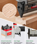 Heavy Duty 23 Gauge Pneumatic Pin Nailer Kit With 10000 Count Pins For Cabinet Woodworking and Trim Jobs showing dual-trigger and exhaust construction.