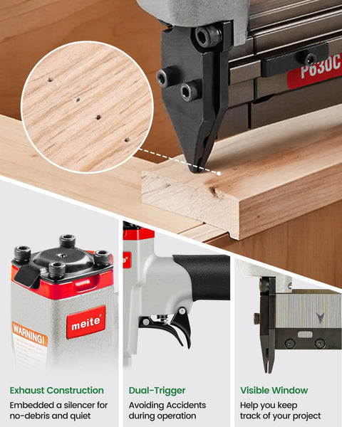 Heavy Duty 23 Gauge Pneumatic Pin Nailer Kit With 10000 Count Pins For Cabinet Woodworking and Trim Jobs showing dual-trigger and exhaust construction.