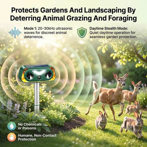 4 Pack Solar Ultrasonic Animal Repeller With Motion Sensor And LED Strobe Light, Waterproof Outdoor Deterrent For Deer Cats Squirrels Raccoons And Rabbits, Garden Yard Protection showing one unit in a garden