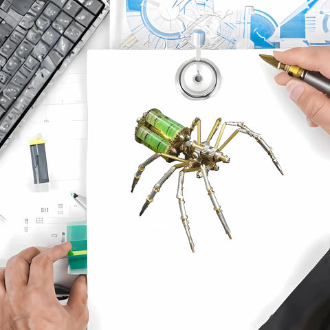 Metal DIY 3D Insect Puzzle Kit In Brass For Adults, Gatling spider model on design sheet with intricate gears, steampunk theme