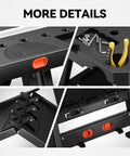 Solid 2 In 1 Folding Workbench And Sawhorse Hybrid details including protractor, clamps, and push button for assembly.