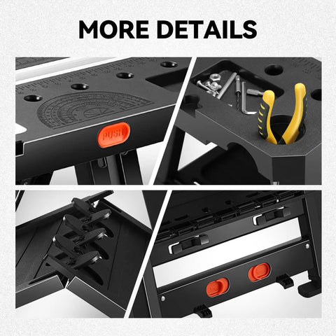 Solid 2 In 1 Folding Workbench And Sawhorse Hybrid details including protractor, clamps, and push button for assembly.