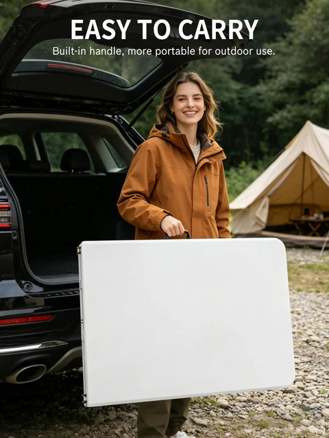 Person carrying Six Foot Folding Camping Table With 350 Lb Capacity Portable Outdoor Picnic Desk near car and tent scene