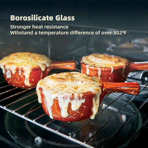 Red ceramic dishes in oven showcasing borosilicate glass's heat resistance with melted cheese, text highlights temperature withstanding.