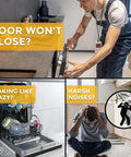 Collage showing dishwasher issues: door won't close, shaking, harsh noises, resolved with Two Pack Dishwasher Mounting Brackets Replacement Parts Undercounter Heavy Duty Galvanized Steel Exact Fit For Most Dishwashers Replace OEM 8269145 WP8269145 Fixes Door Latch Door Wont Close Shaking Noisy.