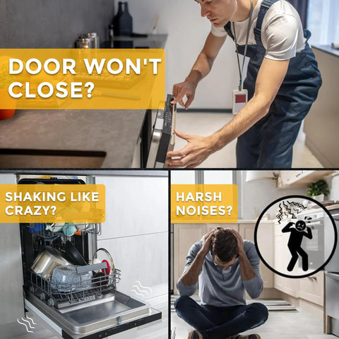 Collage showing dishwasher issues: door won't close, shaking, harsh noises, resolved with Two Pack Dishwasher Mounting Brackets Replacement Parts Undercounter Heavy Duty Galvanized Steel Exact Fit For Most Dishwashers Replace OEM 8269145 WP8269145 Fixes Door Latch Door Wont Close Shaking Noisy.