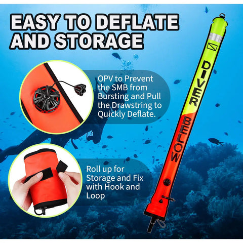 5ft Surface Marker Buoy For Diver Safety High Visibility Open Bottom SMB with Oral Inflator and Reflective Strip, deflated view
