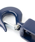 Close-up of navy blue drop forged swivel hook on Built-Tough Heavy-Duty 12 Inch Gin Wheel Gin Block, 1000 Lbs Working Load, One-Piece.