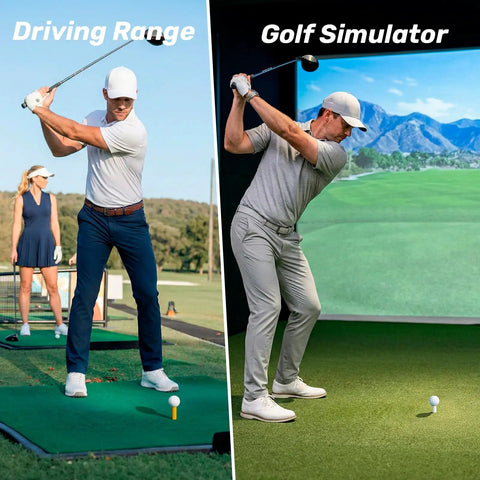 Two golfers using Rubber Golf Tees For Mats And Driving Range Set With 5 Sizes And 5 Holders Value Pack Plus 40 Bamboo Tees.
