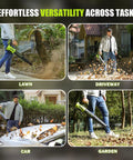 Person using Cordless Leaf Blower With 2 4.0Ah Batteries And Charger Included 560 CFM Air Volume And 180 MPH Air Speed on driveway and garden