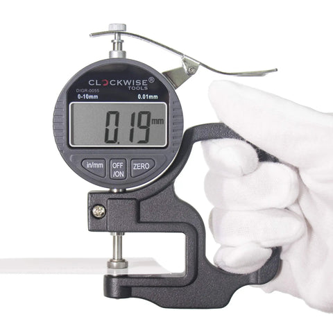 Digital Thickness Gauge DTGR-0055 0-0.4 Inch 10mm With 0.0005 Inch 0.01 mm Resolution, Dual Unit Conversion, No-Fuss Big LCD 1.6 Inch By 0.7 Inch, Auto Off, Built For Soft Materials Like Paper Leather Film Fabric Rubber