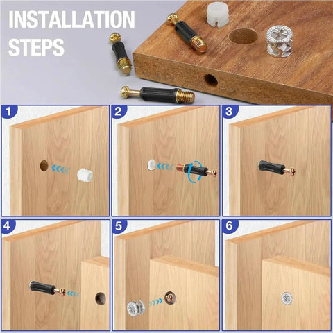 Installation steps of 50 Pack 3 In 1 Furniture Screw Connector Bolts And Nuts Assortment Kit For Cabinets Desks Tables Shelving And Furniture