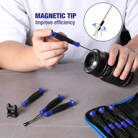 Using Magnetic Precision Screwdriver Set With Pouch on a camera lens, showing magnetized tip, 10 piece tiny screwdrivers visible in pouch