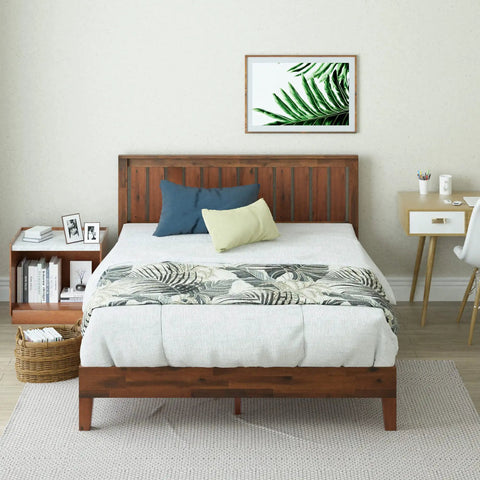 King Size Solid Wood Platform Bed Frame With Antique Espresso Finish And Integrated Headboard in stylish bedroom setting.