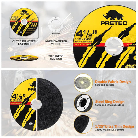 Cut-off wheels, 4-1/2 in PRETEC metal cutting discs, 50+5 pack, thin design for angle grinder, 7/8 in arbor