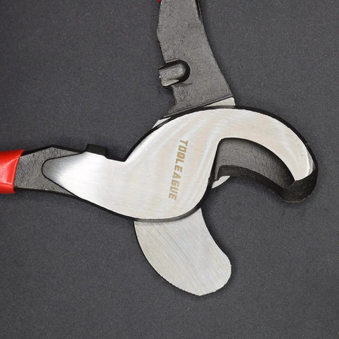 Close-up of blade of Heavy Duty 10 Inch Cable Cutter With High Leverage Design For Aluminum Copper Wire And Communications Cable Forged Chrome Vanadium Steel Durable Bevel Cutting Tool For Thick Cables And Large Gauge Aluminum