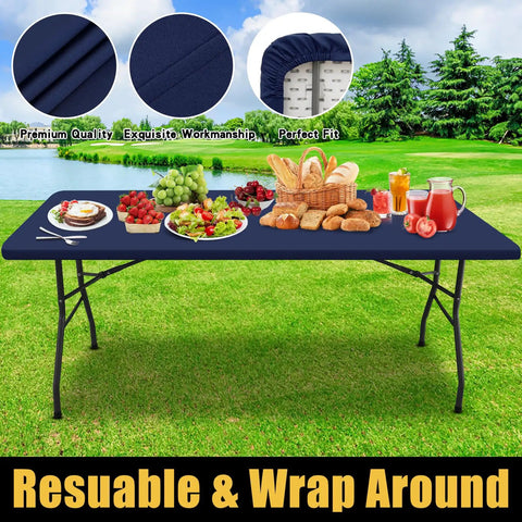 Image of Waterproof Elastic Fitted Tablecloth With Elastic Edge For 6 Foot Tables 30x72 Inches Navy Washable Polyester Picnic Cover