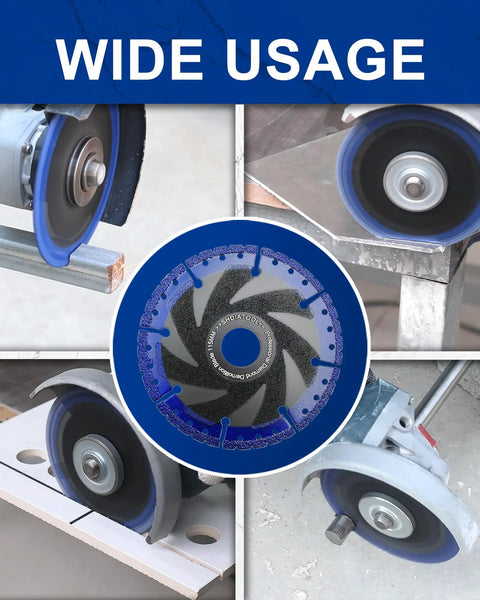 14 Inch Metal Cutting Diamond Blade For Rebar And Steel shown in various cutting applications, featuring vacuum brazed tech images.