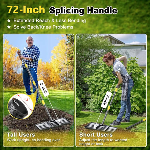 Heavy Duty Lawn Leveling Rake With Stainless Steel Ground Leveler Plate 17 Inch By 10 Inch And 72 Inch Adjustable Long Handle