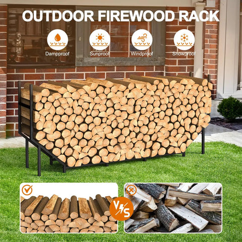 Beefy 5.9ft Firewood Rack Holder For Indoor Outdoor Use heavy duty steel wood storage stand loaded with logs on a lawn
