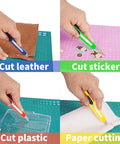 Eight-pack of 9mm-wide blade box cutters in four colors cutting leather, stickers, plastic, and paper.