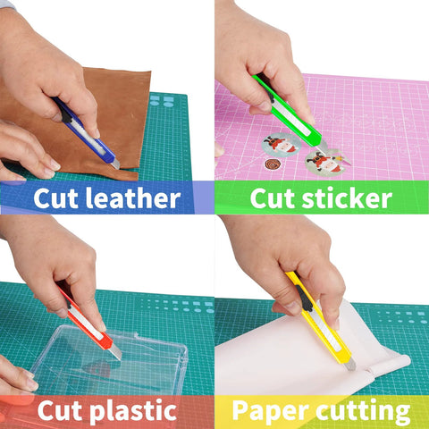 Eight-pack of 9mm-wide blade box cutters in four colors cutting leather, stickers, plastic, and paper.
