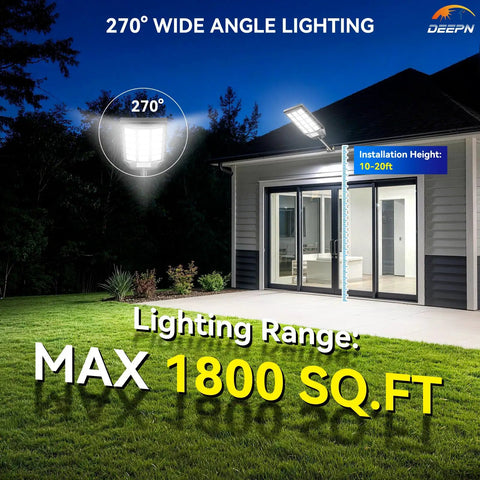 Solar Outdoor Flood Lights 6500K Dusk To Dawn with Motion Sensor and Remote Control on house exterior, 270° wide angle.
