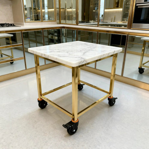Gold kitchen cart with marble top and 4 Inch Universal Caster Set Of 4 Heavy Duty Locking Wheels With 1600 Lb Capacity