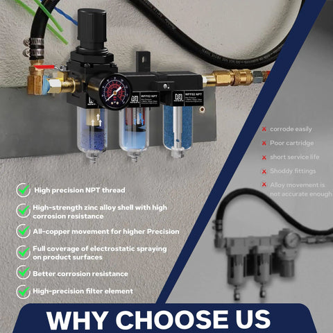 One Quarter Inch NPT Three Stage Pro Grade Air Compressor Water Separator with Filter Regulator Combo Desiccant Dryer