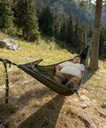 Man relaxing in Mosquito Net Hammock Kit With Detachable Bug Mesh And Sleeping Pad Ultralight 11Ft Portable Hammock for camping