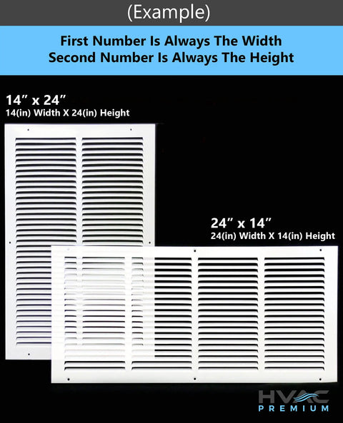 Two white return air grilles, one 14x24 inches and one 24x14 inches, flat stamped steel for ceiling or sidewall use, with dimensions shown.