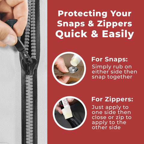Snap Stick Zipper And Snap Lubricant for Easy Zippers And Snaps, White Quick Glide Formula Keeps Gear Moving, No More Sticks, Easy Apply On Bags, Jackets, Outdoor Gear And Boats. hand applying lubricant to zipper