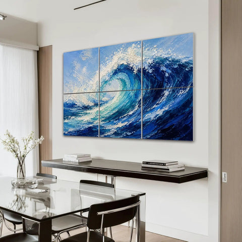 Total Vibe Upgrade With These Peel And Stick Acoustic Panels 6 Pack sound absorbing ocean wave wall pads displayed in modern dining area.