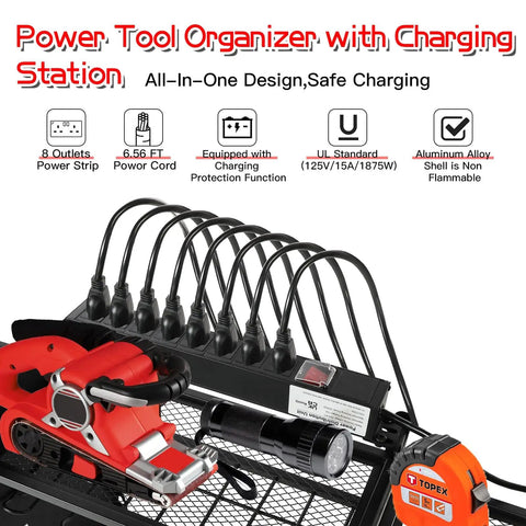 Garage Grade Heavy Duty Wall Mount Power Tool Organizer With Charging Station, 39 Inch Long Steel Tool Rack, 8 Outlet Power Strip