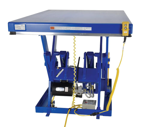 Heavy Duty Electric Hydraulic Lift Table With 48 X 72 Welded Steel Platform 5000 Lb Capacity showing control panel and hydraulic system.