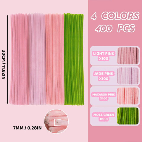 Ultimate Pipe Cleaners Craft Kit For DIY Flowers 400 Chenille Stems in pink and green with size and color details