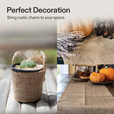 Heavy Duty Natural Burlap Fabric Roll 40 Inch By 13 Foot used in home decor with potted plants and rustic accents.