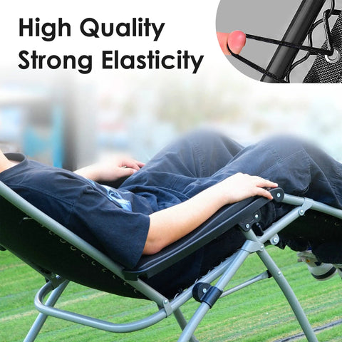 Heavy Duty Zero Gravity Chair Replacement Cords Set Of 4 Black with a person relaxing in a reclined position on a lounger.