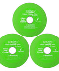 Three green discs labeled 'Zorunna Glass Cutting Disc' from the Four Inch Diamond Glass Cutting Disc Tool Set with Ultra Thin Discs for Glass Tiles Bottles Jade Crystal And More Must Have Tile Cutter Compatible And Delivers Smooth Precise Cuts Every Time 3 Pack, showing 4-inch size and product details.