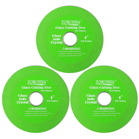 Three green discs labeled 'Zorunna Glass Cutting Disc' from the Four Inch Diamond Glass Cutting Disc Tool Set with Ultra Thin Discs for Glass Tiles Bottles Jade Crystal And More Must Have Tile Cutter Compatible And Delivers Smooth Precise Cuts Every Time 3 Pack, showing 4-inch size and product details.