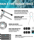 Chain rivet extractor and tire repair tools from All In One 31 Piece Bicycle Repair Kit With Storage Box For Mountain Road And Park Bikes.