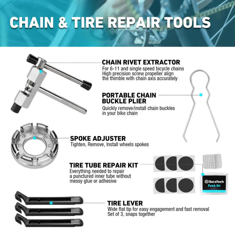 Chain rivet extractor and tire repair tools from All In One 31 Piece Bicycle Repair Kit With Storage Box For Mountain Road And Park Bikes.