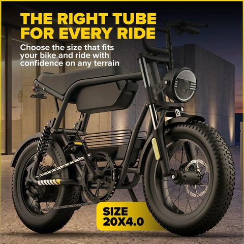 20x4.0 black fat tire bike with Schrader valve, showcasing compatibility with Fat Tire 20x4.0 Inner Tube Set, urban backdrop.
