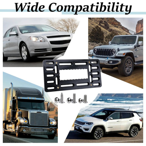 No Drill Front License Plate Bracket Mount For Bumpers And Grilles With Stainless Steel Tie Kit shown with cars and truck