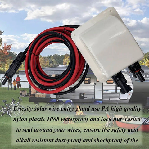 Solar Cable Entry Gland Housing For RVs Campers Boats And Vehicles No Fuss Through Roof Entry Box With 10ft 10AWG Solar Extension Cable White Entry Gland Easy Glue Or Screw Install, white ABS gland with red and black cable on RV roof