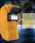 Cowhide Leather Welding Hood With Auto Darkening Lens Pancake Style Welding Helmet for arc welding shown in shop.