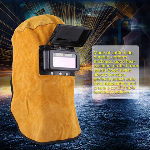 Cowhide Leather Welding Hood With Auto Darkening Lens Pancake Style Welding Helmet for arc welding shown in shop.