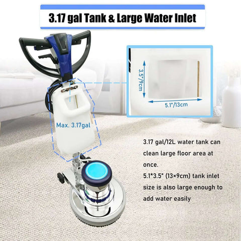 Beast Mode Commercial Floor Cleaning Machine With 18 Inch Head shown with a large 3.17 gal water tank and easy-to-fill inlet
