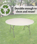 60 Inch Round Fitted Plastic Table Covers Bundle Of 5 White Elastic Vinyl Covers That Stretch Over Edges Up To 2.5 Inches Thick, installed on table outdoors.