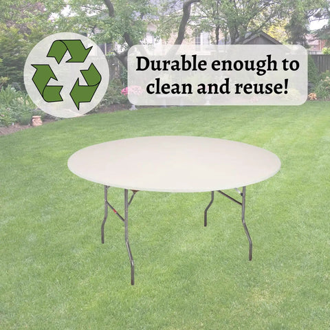 60 Inch Round Fitted Plastic Table Covers Bundle Of 5 White Elastic Vinyl Covers That Stretch Over Edges Up To 2.5 Inches Thick, installed on table outdoors.